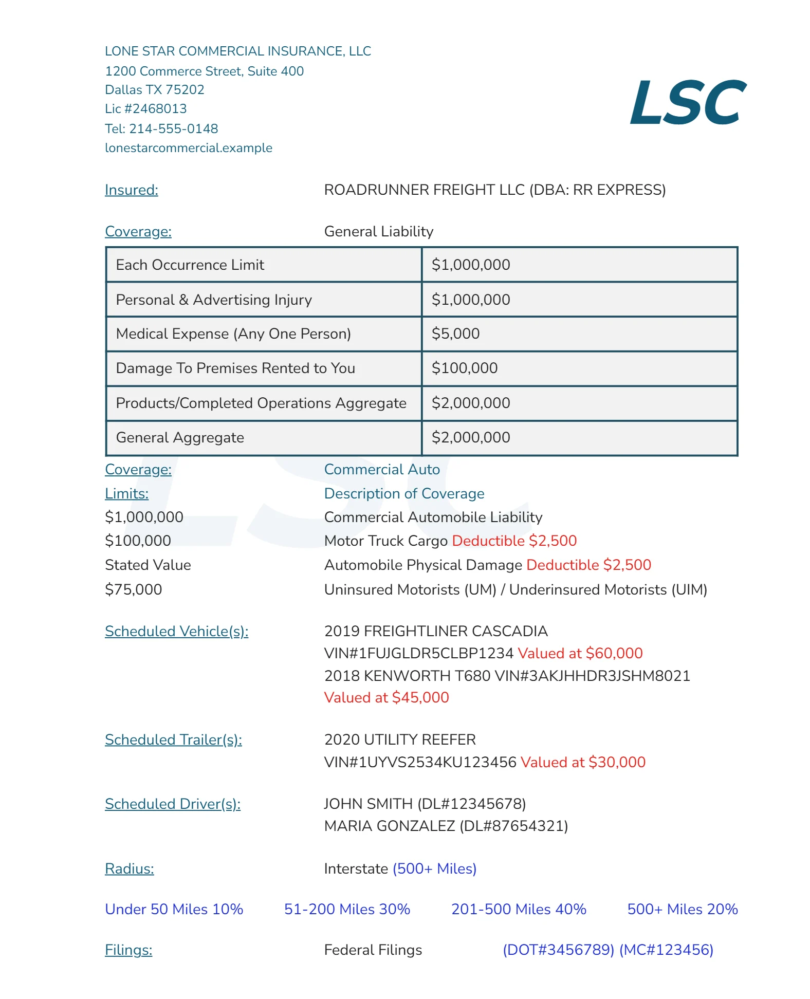 Sample quote sheet with agency header, general liability table, commercial auto coverages, vehicles, trailers and drivers